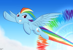 Size: 3994x2746 | Tagged: safe, artist:arcane-thunder, character:rainbow dash, species:pegasus, species:pony, newbie artist training grounds, g4, my little pony: friendship is magic, atg 2019, cloud, female, flying, looking back, mare, smiling, solo, sonic rainboom