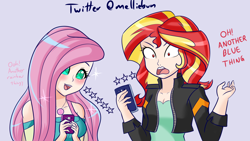 Size: 1920x1080 | Tagged: safe, artist:melliedraws, character:fluttershy, character:sunset shimmer, my little pony:equestria girls, blushing, dialogue, duo, female, gamer sunset, geode of fauna, human coloration, magical geodes, open mouth, phone, stars
