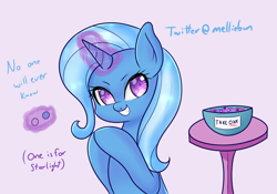 Size: 2000x1400 | Tagged: safe, artist:melliedraws, character:trixie, species:pony, species:unicorn, newbie artist training grounds, atg 2019, bowl, candy, cute, diatrixes, female, food, glowing horn, grin, horn, implied starlight glimmer, magic, mare, pure unfiltered evil, rubbing hooves, smiling, solo, table, telekinesis