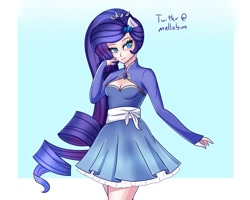 Size: 2000x1600 | Tagged: safe, artist:melliebun, artist:melliedraws, character:rarity, species:human, abstract background, beauty mark, boob window, breasts, clothing, colored pupils, cosplay, costume, crossover, cute, dress, eared humanization, female, humanized, raribetes, rwby, solo, weiss schnee
