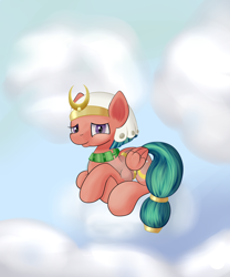 Size: 1500x1800 | Tagged: safe, artist:huffy26, character:somnambula, species:pegasus, species:pony, newbie artist training grounds, g4, atg 2019, clothing, cloud, crossed hooves, female, looking at you, mare, sky, smiling, solo