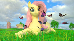 Size: 2560x1440 | Tagged: safe, artist:clopician, character:fluttershy, species:pegasus, species:pony, 3d, butterfly, female, grass, mare, meadow, nature, prone, scenery, solo