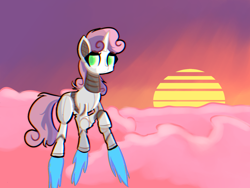 Size: 1600x1200 | Tagged: safe, artist:provolonepone, character:sweetie belle, species:pony, sweetie bot, cloud, cute, diasweetes, female, flying, robot, robot pony, solo, sun, sunset, thruster