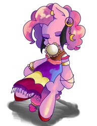 Size: 501x654 | Tagged: safe, artist:koto, character:pinkie pie, species:pony, friendship is witchcraft, bipedal, clothing, ear piercing, earring, eyes closed, female, gypsy pie, jewelry, mouth hold, musical instrument, piercing, pixiv, romani, simple background, solo, tambourine, white background