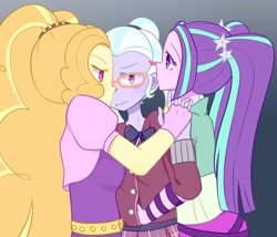Size: 1351x1154 | Tagged: safe, artist:yuck, character:adagio dazzle, character:aria blaze, character:sugarcoat, my little pony:equestria girls, blushing, crack shipping, cropped, ear licking, female, group hug, holding hands, hug, lesbian, licking, shipping, tongue out