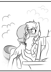 Size: 1493x2125 | Tagged: safe, artist:provolonepone, character:applejack, character:rarity, species:earth pony, species:pony, species:unicorn, comic:a sapphic story, ship:rarijack, blushing, clothing, comic, cute, dress, female, jackabetes, kissing, lesbian, monochrome, raribetes, shipping, surprise kiss