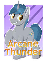 Size: 2588x3372 | Tagged: safe, artist:arcane-thunder, oc, oc:arcane thunder, species:pony, species:unicorn, abstract background, badge, con badge, ear fluff, male, simple background, solo, stallion