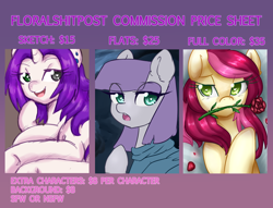 Size: 3800x2900 | Tagged: safe, artist:floralshitpost, character:maud pie, character:roseluck, oc, oc:kyoponi, species:earth pony, species:pony, species:unicorn, advertisement, commission, commission info, female, flower in mouth, heart eyes, rose, rose in mouth, wingding eyes