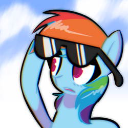 Size: 500x500 | Tagged: safe, artist:provolonepone, character:rainbow dash, species:pegasus, species:pony, bust, cloud, cloudy, colored pupils, female, open mouth, portrait, solo, sunglasses, wingless