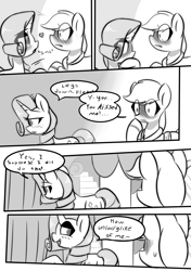 Size: 1493x2125 | Tagged: safe, artist:provolonepone, character:applejack, character:rarity, species:earth pony, species:pony, species:unicorn, comic:a sapphic story, ship:rarijack, blushing, carousel boutique, clothing, comic, cooing, cute, dress, female, jackabetes, lesbian, monochrome, raribetes, shipping