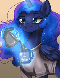 Size: 2550x3300 | Tagged: safe, artist:floralshitpost, character:princess luna, species:alicorn, species:pony, g4, bags under eyes, clothing, coffee, coffee mug, coffee pot, colored pupils, female, glowing horn, grumpy, horn, magic, magic aura, mare, mug, signature, simple background, sleepy, solo, telekinesis, tired