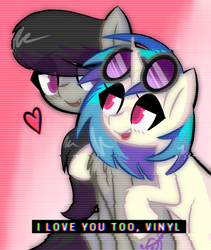 Size: 800x950 | Tagged: safe, artist:provolonepone, character:dj pon-3, character:octavia melody, character:vinyl scratch, species:earth pony, species:pony, species:unicorn, ship:scratchtavia, eye clipping through hair, female, gradient background, lesbian, mare, shipping, vinyl's glasses
