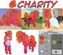 Size: 1280x1111 | Tagged: safe, artist:clorin spats, oc, oc only, oc:charity, oc:cordovan, oc:pun, species:earth pony, species:pony, ask pun, apron, ask, clothing, female, filly, letter, male, mare, reference sheet, stallion
