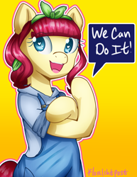 Size: 2550x3300 | Tagged: safe, artist:floralshitpost, character:torque wrench, species:pony, friendship is magic: rainbow roadtrip, g4, my little pony: friendship is magic, atorqueable, clothing, cute, female, heart eyes, open mouth, rosie the riveter, simple background, solo, we can do it!, wingding eyes, yellow background