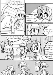 Size: 1493x2125 | Tagged: safe, artist:provolonepone, character:applejack, character:rarity, species:earth pony, species:pony, species:unicorn, comic:a sapphic story, carousel boutique, clothing, comic, cute, dress, implied lesbian, jackabetes, monochrome, raribetes, undressing