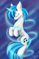Size: 1449x2174 | Tagged: safe, artist:wolfypon, character:dj pon-3, character:vinyl scratch, species:pony, species:unicorn, abstract background, eyes closed, female, floating, magic, mare, solo