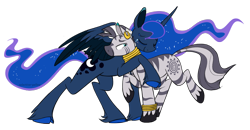 Size: 1242x644 | Tagged: safe, artist:selective-yellow, character:princess luna, character:zecora, species:alicorn, species:pony, species:zebra, ship:lucora, bracelet, colored hooves, crack shipping, crying, ear piercing, earring, eyes closed, female, hug, jewelry, mare, neck rings, nope, piercing, quadrupedal, raised hoof, shipping, simple background, tears of joy, teary eyes, transparent background, unshorn fetlocks