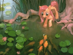 Size: 2048x1556 | Tagged: safe, artist:kaermter, character:fluttershy, species:pegasus, species:pony, bag, dolbolen challenge, female, fish, folded wings, goldfish, looking at something, mare, outdoors, pearl, pond, reed, reflection, roots, saddle bag, school of fish, solo, tree, water, water lily, water rings, wings