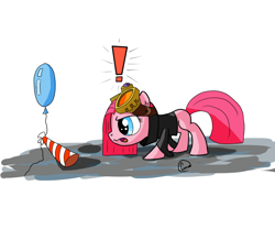Size: 2600x2160 | Tagged: safe, artist:chaosmalefic, character:pinkie pie, species:pony, episode:pinkie spy, g4, my little pony: equestria girls, alternate hairstyle, balloon, exclamation point, female, goggles, solo, spy