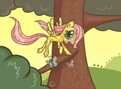 Size: 2600x1900 | Tagged: safe, artist:chaosmalefic, character:fluttershy, species:pegasus, species:pony, butterfly, cute, dappled sunlight, female, filly, filly fluttershy, solo, tree, younger