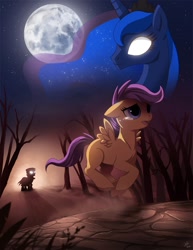Size: 903x1172 | Tagged: safe, artist:ruhje, character:princess luna, character:scootaloo, species:pegasus, species:pony, episode:sleepless in ponyville, g4, my little pony: friendship is magic, crying, dream, glowing eyes, moon, olden pony, shadow