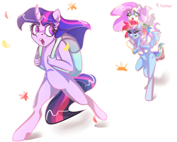 Size: 953x768 | Tagged: safe, artist:raychelrage, character:fluttershy, character:rainbow dash, character:twilight sparkle, character:twilight sparkle (unicorn), species:anthro, species:pegasus, species:pony, species:unguligrade anthro, species:unicorn, backpack, female, leaves, mare, piggyback ride, ponies riding ponies, running