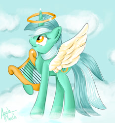 Size: 1857x1989 | Tagged: safe, artist:appleneedle, character:lyra heartstrings, species:pony, angel, cloud, female, halo, lyre, musical instrument, solo