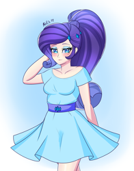 Size: 1800x2300 | Tagged: safe, artist:melliedraws, character:rarity, species:human, clothing, cute, dress, female, humanized, ponytail, raribetes, rarity day, solo, sundress
