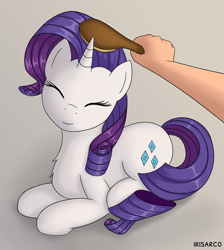 Size: 4489x5000 | Tagged: safe, artist:irisarco, character:rarity, species:human, species:pony, species:unicorn, brush, brushing, chest fluff, cute, eyes closed, female, hand, mane brushing, mare, offscreen character, offscreen human, pov, prone, raribetes, simple background, smiling, solo