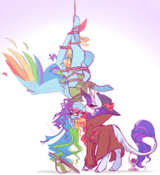 Size: 1164x1278 | Tagged: safe, artist:eqq_scremble, edit, character:rainbow dash, character:rarity, species:classical unicorn, species:pegasus, species:pony, species:unicorn, ship:raridash, blushing, clothing, cloven hooves, coat, color edit, colored, colored wings, detective rarity, female, hat, kissing, leonine tail, lesbian, mare, multicolored wings, rainbow wings, rope, shipping, tangled up, tied up, unshorn fetlocks, wings