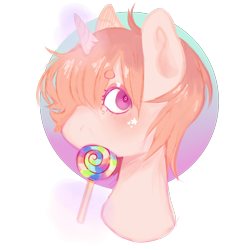 Size: 2500x2500 | Tagged: safe, artist:poofindi, oc, species:pony, species:unicorn, bust, candy, food, lollipop, magic, solo