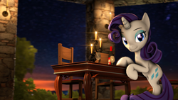 Size: 3840x2160 | Tagged: safe, artist:apexpredator923, character:rarity, species:pony, species:unicorn, 3d, alcohol, bottle, candle, dusk, female, lidded eyes, looking at you, mare, smiling, solo, sunset, table, wine, wine bottle, wineglass
