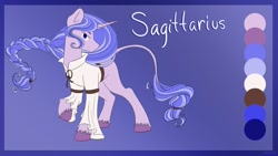 Size: 1024x576 | Tagged: safe, artist:mindlesssketching, species:pony, species:unicorn, braid, clothing, female, mare, ponified, reference sheet, sagittarius, shirt, solo, zodiac