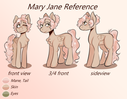 Size: 1900x1475 | Tagged: safe, artist:poofindi, oc, oc:mary jane, species:pegasus, species:pony, 3/4 view, front view, one eye closed, palette, reference sheet, sideview, wink