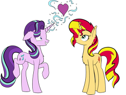 Size: 1779x1352 | Tagged: safe, artist:icey-wicey-1517, artist:nightpaint12, edit, character:starlight glimmer, character:sunset shimmer, species:pony, species:unicorn, ship:shimmerglimmer, chest fluff, collaboration, color edit, colored, cute, ear fluff, female, glimmerbetes, heart, lesbian, magic, mare, nervous, raised hoof, raised leg, shipping, simple background, transparent background