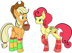 Size: 1665x1216 | Tagged: safe, alternate version, artist:icey-wicey-1517, artist:nightpaint12, edit, character:applejack, character:strawberry sunrise, species:earth pony, species:pegasus, species:pony, ship:applerise, applejack's hat, basket, chest fluff, clothing, collaboration, color edit, colored, cowboy hat, ear fluff, female, food, hat, lesbian, mare, mouth hold, raised hoof, shipping, simple background, socks, strawberry, striped socks, transparent background