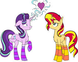 Size: 1690x1351 | Tagged: safe, alternate version, artist:icey-wicey-1517, artist:nightpaint12, edit, character:starlight glimmer, character:sunset shimmer, species:pony, species:unicorn, ship:shimmerglimmer, chest fluff, clothing, collaboration, color edit, colored, cute, ear fluff, female, glimmerbetes, heart, lesbian, magic, mare, nervous, raised hoof, raised leg, shipping, simple background, socks, striped socks, transparent background