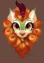 Size: 5209x7367 | Tagged: safe, artist:sofiko-ko, character:autumn blaze, species:kirin, awwtumn blaze, brown background, bust, cute, ear fluff, female, looking at you, open mouth, portrait, simple background, smiling, solo