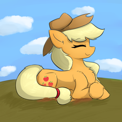Size: 1024x1024 | Tagged: safe, artist:d.w.h.cn, character:applejack, species:earth pony, species:pony, chest fluff, cloud, cute, ear fluff, eyes closed, female, jackabetes, leg fluff, mare, profile, prone, smiling, solo