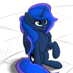 Size: 1024x1024 | Tagged: safe, artist:d.w.h.cn, character:princess luna, species:alicorn, species:pony, chest fluff, ear fluff, female, mane, mare, open mouth, sitting, smiling, solo