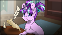 Size: 3840x2160 | Tagged: safe, artist:pillonchou, character:starlight glimmer, species:pony, species:unicorn, alternate hairstyle, candle, cloven hooves, crying, cute, female, filly, filly starlight glimmer, glimmerbetes, indoors, scroll, smiling, solo, younger