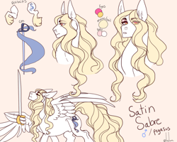Size: 1280x1024 | Tagged: safe, artist:snowberry, oc, oc:satin sabre, species:pegasus, species:pony, androgynous, cutie mark, long mane, long tail, looking at you, male, reference sheet, stallion, sword, unshorn fetlocks, wavy mane, weapon, wing hands, wings