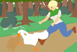 Size: 3400x2300 | Tagged: safe, artist:mrcakesboi, character:applejack, species:bird, species:human, my little pony:equestria girls, female, goose, honk, running, stealing, the goose, untitled goose game, wild goose chase