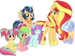Size: 2407x1789 | Tagged: safe, artist:luckyclau, character:indigo zap, character:lemon zest, character:sour sweet, character:sugarcoat, character:sunny flare, character:sunset shimmer, species:alicorn, species:pony, episode:the last problem, g4, my little pony: friendship is magic, alicornified, alternate mane six, digital art, equestria girls ponified, ethereal mane, female, older, older sunset, ponified, race swap, shadow five, shimmercorn