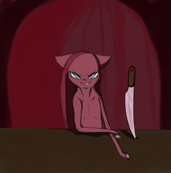 Size: 2988x3023 | Tagged: safe, artist:kamikazelenna, artist:metalliclenneth, character:pinkamena diane pie, character:pinkie pie, anatomically incorrect, angry, female, floppy ears, gritted teeth, incorrect leg anatomy, knife, looking at you, narrowed eyes, semi-anthro, skinny, solo