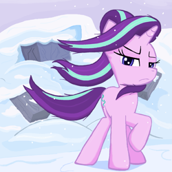 Size: 1431x1429 | Tagged: safe, artist:sallycars, character:starlight glimmer, species:pony, species:unicorn, episode:the ending of the end, g4, my little pony: friendship is magic, female, snow, solo, wind, windswept mane