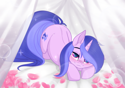 Size: 3465x2454 | Tagged: safe, artist:kim0508, artist:sparkling_light, character:sea swirl, species:pony, species:unicorn, background pony, bed, bedroom eyes, blushing, curtains, female, flower petals, lying on bed, mare, solo, ych result