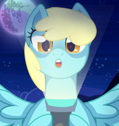 Size: 2832x3000 | Tagged: safe, artist:kim0508, character:sassaflash, species:pegasus, species:pony, background pony, female, flashlight (object), full moon, mare, mare in the moon, moon, night, night sky, sky, solo, spread wings, wings, ych result
