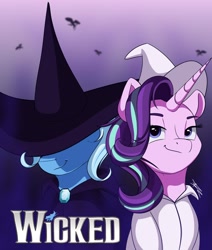 Size: 1024x1210 | Tagged: safe, artist:mindlesssketching, character:starlight glimmer, character:trixie, species:pony, species:unicorn, clothing, crossover, hat, musical, poster, smiling, smirk, wicked, witch hat