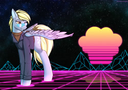 Size: 3307x2339 | Tagged: safe, artist:kirasunnight, character:derpy hooves, species:pegasus, species:pony, clothing, cutie mark, female, high res, jacket, mare, retrowave, smiling, solo, spread wings, sunglasses, sweater, turtleneck, wings